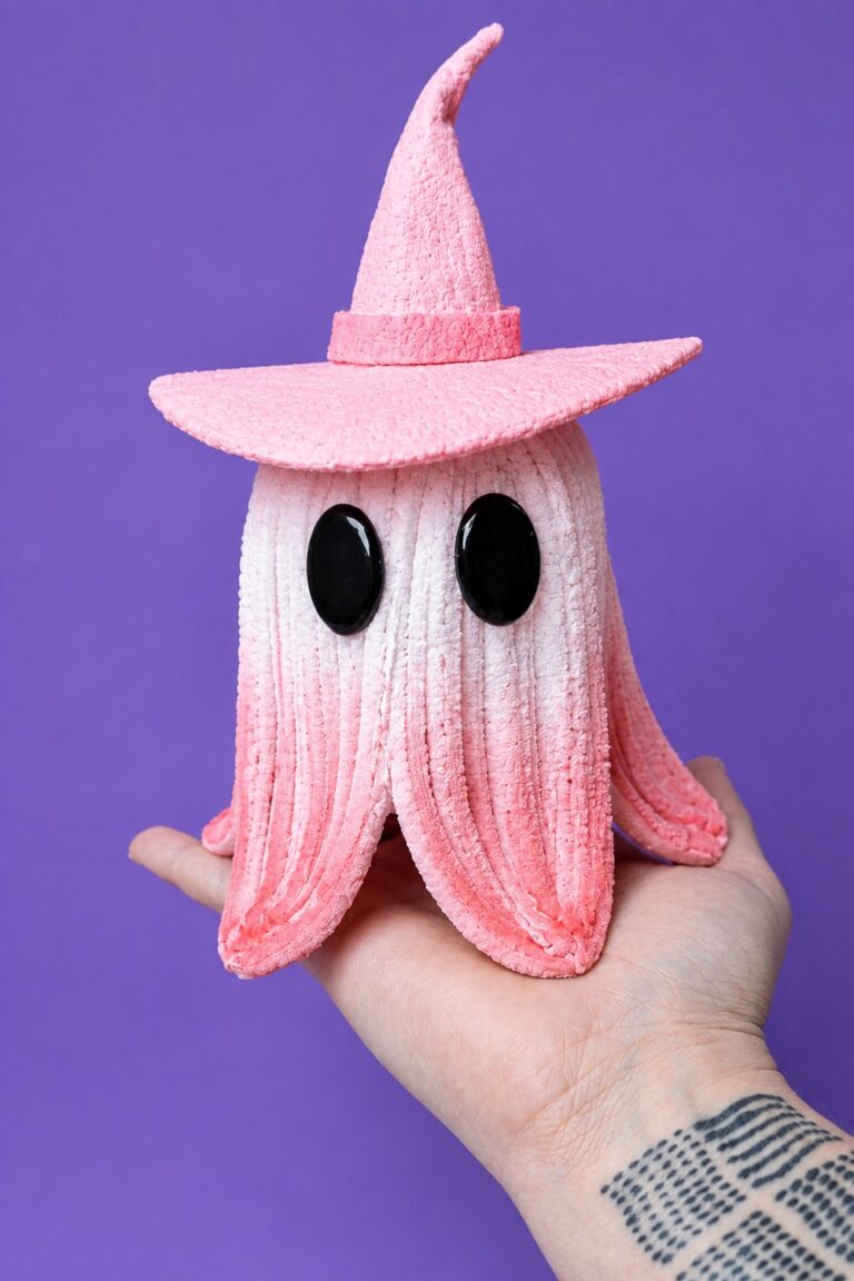 Pipe Cleaner Ghost in a Pink Witch Hat Plushie