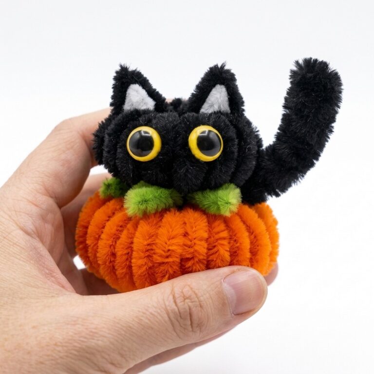 DIY Pipe Cleaner Black Kitty in A Pumpkin Plushie 