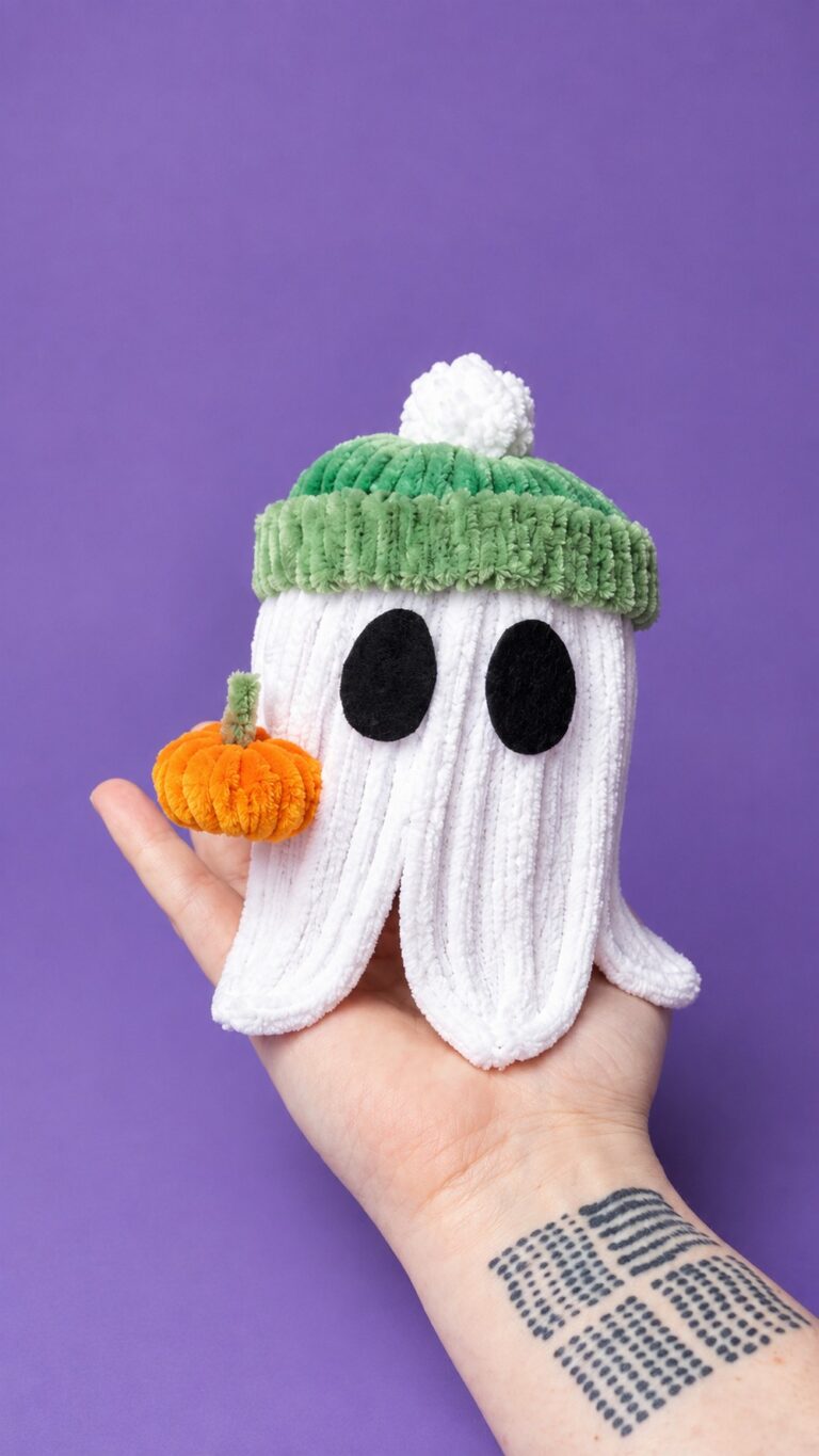 Pipe Cleaner Ghost in Beanies Holding Pumpkin Plushies